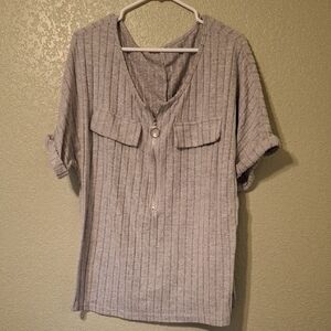 Gray Ribbed Polo Blouse with Short Sleeves